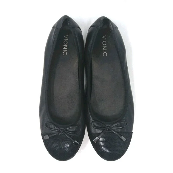 Vionic Minna Black Leather Ballet Flats Bow Cap Toe Women’s Size 11 Medium - Picture 6 of 8